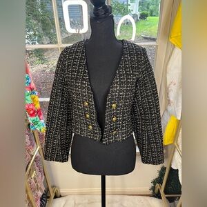 AKIRA Black Tweed Cropped Double-Breasted Blazer with Gold Buttons